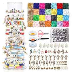 6000 Pcs Clay Beads for Bracelet Making Kits, 24 Colors 5520 pcs 6mm Spacer Flat Clay Heishi Beads with 234 Letter Beads,Pendant, Jump Rings and Elastic Strings,DIY Jewelry Making Bracelets Necklace