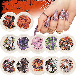 Kalolary 12 Boxes Halloween Nail Art Sticker Decals, 3D Witch Pumpkin Bat Nail Sequins Colorful Halloween Nail Flakes for Acrylic Nails DIY Crafts