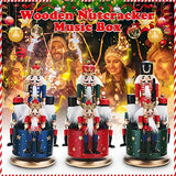 CHENGAI DIY Nutcracker Soldier Music Box, Wooden 4 Soldiers Wind Up Musical Box w/Clockwork & Round Base Festive Christmas Decor Kids Birthday Gift, Red