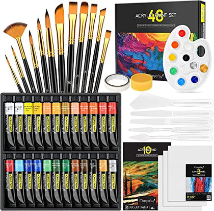 Magicfly 48pcs Acrylic Paints Set, Paints Kit for Adults with 24 Colors Acrylic Paint Tubes(22ml), 12 Paintbrushes, 3 Canvas Panel, 10 Sheets of Acrylic Pad, etc, Gift for Artists Beginner
