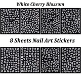 Flower Nail Art Stickers Decals, 8 Sheets White Cherry Blossom Nail Design 3D Nail Art Supplies Accessories Self-Adhesive White Floral Nails Decals for Nail Decorations Manicure Craft Tips Charms