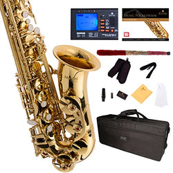Mendini by Cecilio MAS-L+92D+PB Gold Lacquer E Flat Alto Saxophone with Tuner, Case, Mouthpiece, 10 Reeds and More