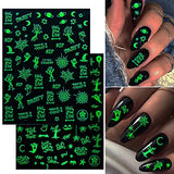 Halloween Nail Art Stickers, Luminous Nail Art Design Holographic 3D Self-Adhesive Nail Decals, Day of The Dead Skull Witch Pumpkin Ghost Gross Eye Spider Nails Sticker for Women Girls Kids(8 Sheets)