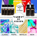 Zolooart Acrylic Pouring Paint - Set of 36 Bottles (2oz / 60ml) - Pre-Mixed High Flow Liquid Acrylic Paint for Pouring on Canvas, Wood, Paper, Crafts, Tile, Rocks and Stones - Extra White and Black with Silicone Oil