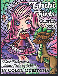Chibi Girls Coloring Book Anime Color by Number BLACK BACKGROUND: Adorable Kawaii Manga Mosaic Fantasy Scenes For Adults, Kids, and Teens