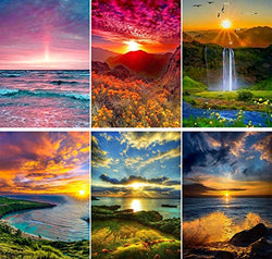 SIIYIX 6 Sets 5d Diamond Painting Art Dotz Paint by Numbers Kits Full Drill for Adult Kids Sunset Sea Mountain Waterfall for Home Wall Decor, 12×16 INCH