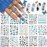 30Pcs Butterfly Nail Art Stickers 3D Self-Adhesive Flower Nail Stickers Laser Blue Butterfly Flowers Design Nail Art Supplies for Women Girls Acrylic DIY Spring Summer Nail Decorations Accessories