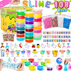 Theefun DIY Slime Kit, 108Pcs Unicorn Slime Making Kits for Girls Boys, Slime Supplies for Kids Art Craft, Includes 48 Glitter Powder, 20 Crystal Slime, 4 Cloud Slime, Fruit Slice, Foam Balls