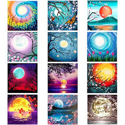 XPCARE 12 Pack 5d Diamond Painting Kits Round Full Drill Acrylic Embroidery Cross Stitch for Home Wall Decor Moon(Canvas 12X12In)