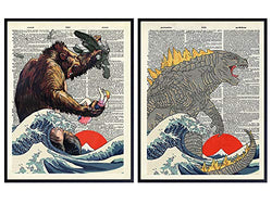 King Kong, Godzilla Poster Set - Great Wave - Horror Movie Merchandise - Scary Movie Gifts for Vintage Hollywood Monster Movie Fans - 8x10 Art Print, Wall Decor for Boys Room, Teen Bedroom