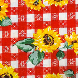 Sunflowers on Red Checkered Poly Cotton, 58"/60" Inches Wide – Sold By The Yard (FB)