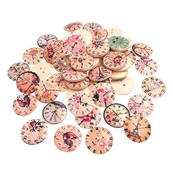 RayLineDo Pack of 50pcs Buttons Multi Color Round Shaped 2 Holes Different Clock Designs Wooden