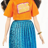 Barbie Fashionistas Doll with Long Brunette Pigtails Wearing Orange T-Shirt, Shimmery Blue Skirt, Yellow Kicks & Bracelet, Toy for Kids 3 to 8 Years Old