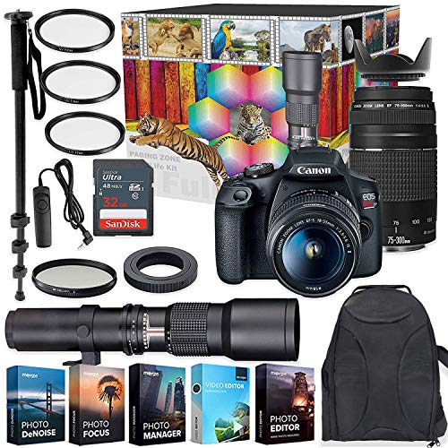 Canon EOS Rebel T7 DSLR Camera with 18-55mm & 75-300mm Lenses Kit + 500mm Preset Wildlife Lens - Deluxe Professional Photo & Video Creative Bundle (Renewed)