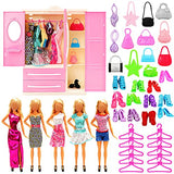 Miunana Lot 36pcs Fashion Doll Closet Wardrobe Doll Clothes and Accessories Set with 1 Pink Wardrobe + 5 Fixed Skirts + 10 Radom Shoes + 10 Hangers + 10 Radom Bags for 11.5 inch Girl Doll