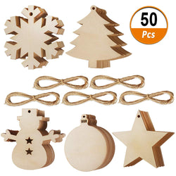 50 Pcs Wood Slices Ornaments Unfinished Wood Hanging Ornament Slices With Hole for DIY Crafts and Christmas Party Decorations