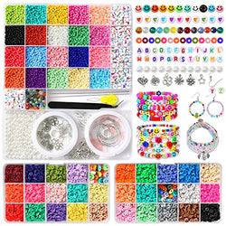 28000pcs Clay Beads for Bracelets Making Kit, Glass Beads for Jewelry Making Bulk with 28 Colors Flat Beads, 20 Colors Art Glass Pony Seed, Letter Beads and Pendants for Girls DIY Craft Gift