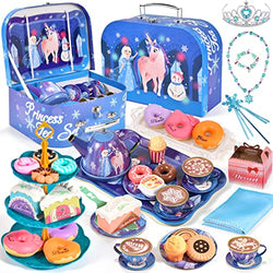 Tacobear 47Pcs Tea Party Set for Little Girls Frozen Toys Inspired Elsa Princess Gift Kids Tea Set & Food Playset & Carrying Case & Jewelry Set Kitchen Pretend Play Toy Birthday Gift for Girls Age 3-6