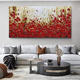 MUWU Modern Canvas Paintings, 24x48 inch Red Flowers Paintings Texture Palette Knife Modern Home Decor Wall Art Painting Colorful 3D Flowers Wood Inside Framed Ready to hang