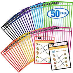 Dry Erase Pockets 50 Pack - Reusable Dry Erase Pockets - Plastic Sleeves - Job Ticket Holders - Dry Erase Sleeves - Multi-Colored Sheets Job - School - Classroom Supplies for Job - Teachers & Kids