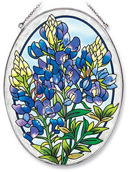 Amia Oval Suncatcher with Bluebonnet Design, Hand Painted Glass, 6-1/2-Inch by 9-Inch