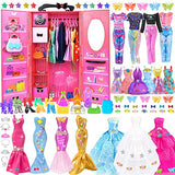 146pc Doll Dream Closet Wardrobe Doll Clothes and Accessories for 11.5 inch Doll Fashion Design Kit Girl Doll Dress Up Including Wedding Dress Outfits Shoes Hangers Bags Necklaces Stickers