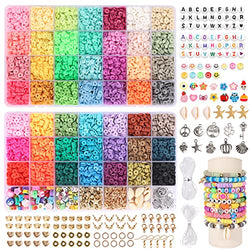 QUEFE 12900pcs Clay Beads for Bracelet Making 49 Colors Spacer Heishi Beads Flat Round Polymer Clay Beads for Jewelry Making Kit with Smiley Fruit Flower Beads Pendant Charms Kit and Elastic Strings