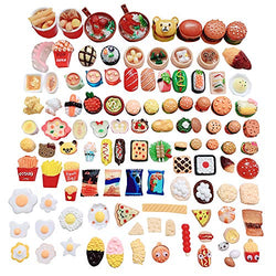 Anrher 100pcs Miniature Foods Hamburg French Fries Sushi Decoration Mixed Resin Sets for Adults Kids Doll House Pretend Kitchen Play Cooking Game Toys DIY Birthday Party Present