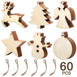 60 Pieces Natural Wood Slices, DIY Christmas Wooden Ornaments Unfinished, 6 Styles Wood Hanging Embellishments Craft Kit, Wooden Decorations (Star, Christmas Tree, Snowman, Angel, Round Discs, Elk)