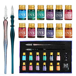 Mancola 16-Pieces Glass Dipped Pen Ink Set-Rainbow Crystal Pen with 12 Colorful Inks, Pen Holder, Cleaning Cup, 2 Crystal Glass Pens for Art, Writing, Signatures, Calligraphy, Decoration, Gift Ma-16