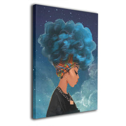 Cool Africa Woman with Blue Natural Hair Comtemporary Canvas Wall Art Photo Printed On Canvas Framed Artwork for Office Wall Decoration Ready to Hang 16x20in