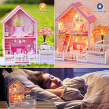 DIY Dollhouse Kit, BicycleStore 1:24 Scale Wooden Miniature Dollhouse Kits with LED Light and Music Box Pink Mini 3D Doll House Furniture Model Accessories Home Decoration Gift for Adults Kids
