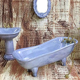 F Fityle Dollhouse Bathroom Furniture Set- 1:12 Scale Ceramic Bathroom Set with Dollhouse Toilet, Dollhouse Mirror, Dollhouse Sink and Dollhouse Bathtub - Blue Grey