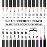 Premium Sketch Drawing Pencils - 24 Piece Professional Pencils Set Includes Graphite, Charcoal and Eraser Pencils (7H-14B), Shading Graphite Pencils for Adults & Kid Artists, Sketching