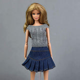 Fityle Knitted Sweater Tops Skirt Suit Clothes for 1/6 Blythe Licca OB Our Generation Dolls Winter Outfit Accessories Gray&Blue