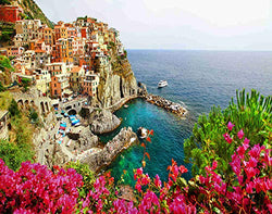 Ghjxda 5D DIY Diamond Painting Kits Coastal Painting Arts Craft Manarola Beautiful Village in Cinque Terre Liguria Italy Floral Painting by Numbers for Adults Canvas Full Drill 16x20 Inch