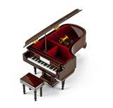 Piano Music Box with Jewelry Compartment - Sophisticated 18 Note Miniature Musical Hi-Gloss Brown Grand Piano with Bench