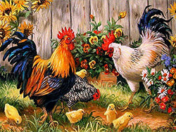 AIRDEA DIY 5D Diamond Painting by Number Kit, Full Drill Rooster Hen Chicks Embroidery Cross Stitch Arts Craft Canvas Wall Decor