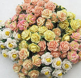 100 pcs Mini Rose Mixed Yellow Color Mulberry Paper Flower 10 mm Scrapbooking Wedding Doll House Embellishment Card Supplies Bouquet Craft Flowers.