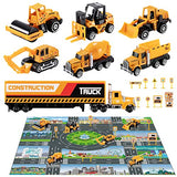 TEMI Diecast Engineering Construction Vehicle Toy Set w/ Play Mat, Truck Carrier, Forklift, Bulldozer, Road Roller, Excavator, Dump Truck, Tractor, Alloy Metal Car Play Set for Kids, Boys & Girls