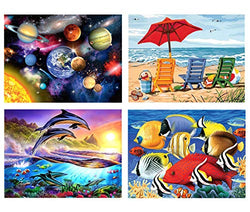 4 Pack 5D Diamond Painting by Number Kits,Full Drill Rhinestone Painting Cross Stitch Space Planet Dolphin Ocean Animal Seaside Beach DIY Diamond Pictures for Home Wall Decor Gift (Canvas 16X12 Inch)