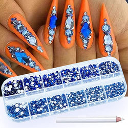 1600Pcs Light Blue and Royal Blue Nail Crystal Rhinestones Multi Sizes Round Beads Flat Back Nail Crystals Stones Gems with Pen for Nail Art DIY Decor Jewelry Crafts Accessories