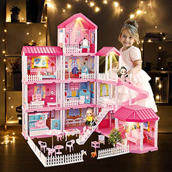 Dream House Doll House Kit, DollHouse with Lights, Slide, Pets and Dolls, DIY Pretend Play Building Playset Toys with Asseccories and Furniture, Princess House for Toddlers, Kids Boy & Girl (11 Rooms)