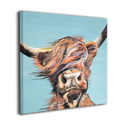 Kingsleyton Farmhouse Highland Cow Windy Hair Nursery Farm Animal Modern Painting Big Framed Wall Art Picture Print On Canvas The Giclee Artwork for Home Decor and Office Decorations 16"x16"