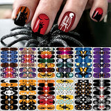 12 Sheets Halloween Full Nail Wraps Stickers, Nail Polish Strips DIY Self-Adhesive Nail Art Decals Pumpkin Bat Ghost Spider Skull Pattern with 2 Piece Nail Files for Party Decor (168 Pieces)