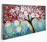 Modern Art 100% Hand Painted Framed Home Wall Decor Art Blooming Flower Tree Oil Painting Abstract Artwork Cherry Blossoms Pink Flowers Blue Teal Colourful Starry Night Sky Living Room Decoration