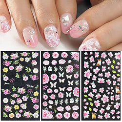 5D Engraved Flowers Nail Art Stickers, Holographic Pink Flower Nail Adhesive Sticker Design, Floral Leaf Butterfly Embossed Nail Art Decals Supplies, Manicure Resin Blossom Transfer Nail Decal Decor