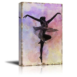 wall26 - Ballerina Dancing on a Pink and Purple Watercolor Background Over Wooden Panels - Nature - Canvas Art Home Decor - 16x24 inches