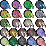 Duufin 22 Colors Nail Power Metallic Chrome Powder Diamond Nail Powder Holographic Nail Art Powder Diamond Glitter for Nails with 22 Pcs Eyeshadow Sticks, 1g/Jar