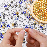 1875 Pcs Gold Beads Set Round Spacer Beads White Black Letter Alphabet Loose Beads Evil Eye Beads for Bracelet Jewelry Making Craft kit（8 mm, 6 mm, 4 mm）